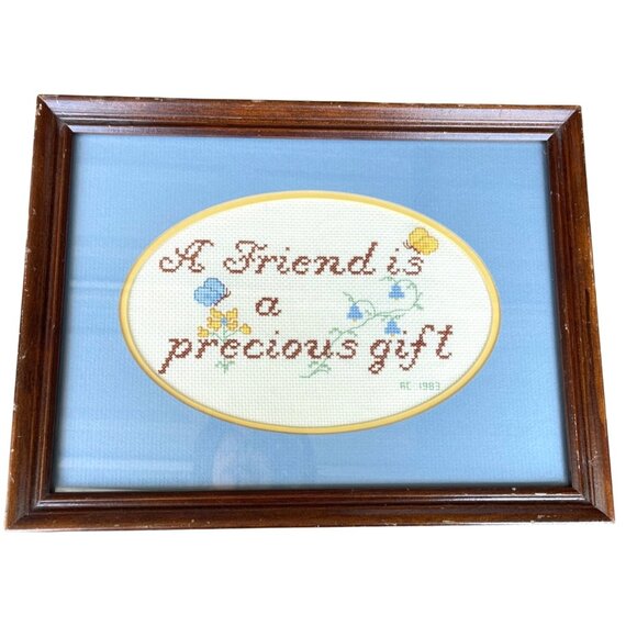Handmade Cross-Stitch Wall Art A Friend Is A Precious Gift Wood Frame Mat Glass - Picture 1 of 7
